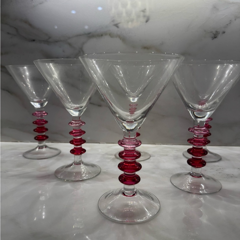 Set of 6 Martini Glasses with Red and Pink Beaded Stems